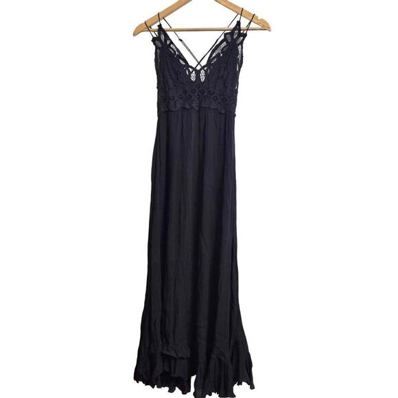 FP One Black Adella Maxi Slip Dress S Whimsigoth Boho Gauzy Lace Strappy Flowy - Picture 2 of 11